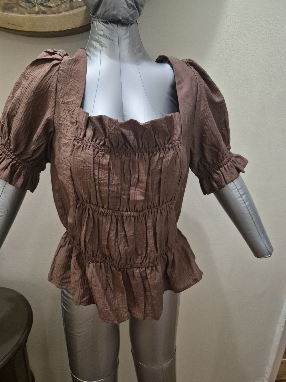 Sundance Brown Smocked Puff Sleeve Peplum Top